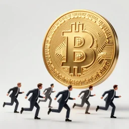 people running away scared from a giant with bitcoin head, popart, hyper-realistic, 8k
