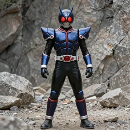 High Fantasy Kamen Rider, single character full body, 4k, glowing eyes, rock quarry location, daytime, black rubber suit, pvc armor, dark blue with red secondary color dragon inspired segmented armor, ultra realistic, vibrant colors, Cinematography