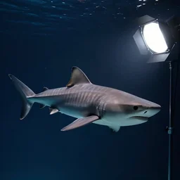 studio photo still of a full body tiger shark in a space, 8 k, studio lighting, key light from right side,
