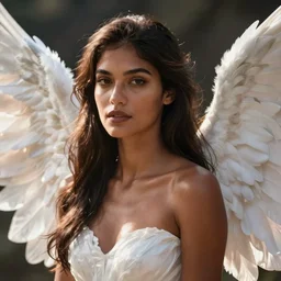 beautiful female angel, wings, brown skin, asymmetrical face, ethereal volumetric light, sharp focus