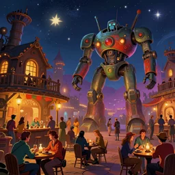 night, stars, steampunk, tavern, crowd of drinking people, warm mood, giant robot in the background, many colors, colorful, all colors, highly saturated colors, greg rutkowski, fantasy, detailed illustration, hd, 4k, digital art, overdetailed art, concept art, trending on artstation