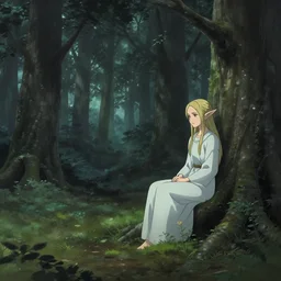 elven princess sitting alone, far away, in the melancholy forest. andreas achenbach, artgerm, mikko lagerstedt, zack snyder, tokujin yoshioka