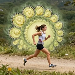aerial side shot of a beautiful inspiring girl running on a trail made of gelato in Mandelbrot fractal by Craig Mullins, ilya kuvshinov, krenz cushart, artgerm trending on artstation by Edward Hopper and Dan Mumford and WLOP and Rutkovsky, beksinski carl spitzweg moebius and tuomas kocar, intricate artwork by caravaggio, Unreal Engine 5, Lumen, Nanite