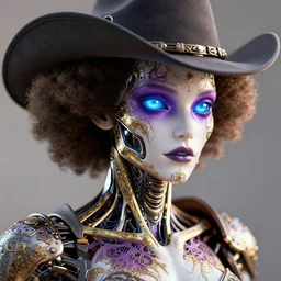 complex 3 d render of a cowboy with glowing blue eyes. purple gold and black and white, fractal veins. afro cyborg, 1 5 0 mm, beautiful natural soft light, rim light, gold fractal details, fine lace, mandelbot fractal, anatomical, glass, facial muscles, elegant, ultra detailed, metallic armor, octane render, depth of field