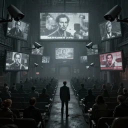 Horrific 1984 interpretation of a dystopian Orwellian state with cameras and propoganda screens everywhere, grey colour scheme, morbid, depressing, award winning, digital art trending on artstation, octane render, 8k