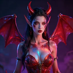photorealistic woman devil. hyperdetailed photorealism, 1 0 8 megapixels, amazing depth, high resolution, 3 d shading, 3 d finalrender, 3 d cinematic lighting, glowing rich colors, psychedelic overtones, artstation concept art.
