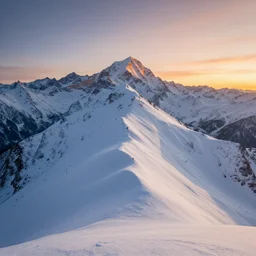 tall snowy mountain range, realistic, detailed, award winning photo, sunset, 8 k