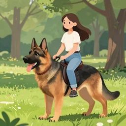 girl riding a giant German shepherd in the park, trending on artstation