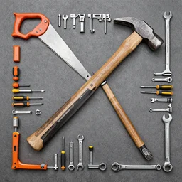 overhead view of lots of stanley tools, saw, knives, spanners, screwdrivers, wrenches, hammers, arranged in an outline of a hammer