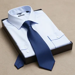 a tie laying outside of a box with a folded business shirt, photorealistic,