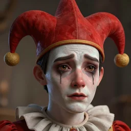 the sad jester crying wearing tiny jester's cap, lovecraft scene, detailed portrait, 3 d, intricate details, by vincent di fate, artgerm, smooth gradients, octane render, 8 k, volumetric lightning, high contrast, depth of field, coherent face