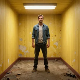 3 d render of jerma 9 8 5 in a liminal space, non - euclidean space, worn mono - yellow wallpaper, old moist carpet, inconsistently - placed fluorescent lighting, high octane, blender, 3 d render
