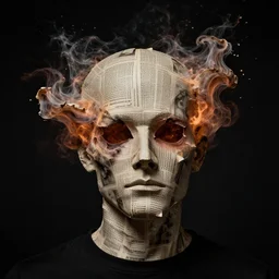 a dark high quality studio portrait of an exploding human head made from antique newspaper, morbid, dark cinematic lighting, surreal photography, style by dave mckean
