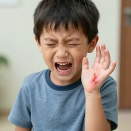 a small boy has a vound in his palm, screaming in agony
