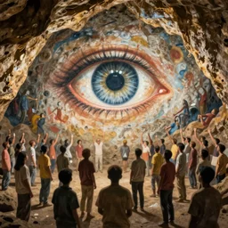 a cave painting of a giant eye floating above a crowd of people