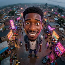 3 d vfx - caricature - art of a bustling - neon lit - wet ajegunle slum in nigeria, cinestill 8 0 0 t photograph, unreal engine render, digital illustration, illustration style by mike winkelmann, sharp, intricate detail, volumetric light, ray tracing, soft light, colourful, surreal environment, fish eye drone view,