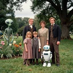 70mm film still from a sci fi blockbuster color movie made in 2019, set in 1860, of a human family standing in a park, next to some alien plants and flowers, their cute humanoid robot is standing next to them, on an alien planet, the family are all wearing 1850s era clothes, good lighting, good photography