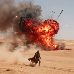 the fremen attack the harkonnens on dune, explosions, mist, desert with red fluid dispersing, 3 5 mm, 8 k, hyperrealistic, volumetric lighting designed by moebius hr giger chris mullins bokeh