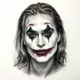 tattoo design sketch of beautiful margot robbie portrait with joker makeup, in the style of den yakovlev, realistic face, faded, black and white, realism tattoo, hyper realistic, highly detailed, faded drawing