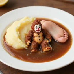 a tiny bigfoot clown swims in a pool of gravy on a plate of mashed potatoes, professional foot photography