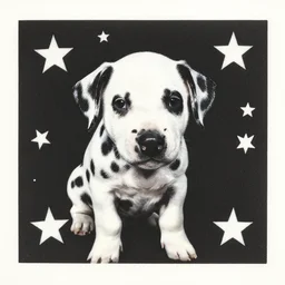 portrait of a dalmatian piglet surrounded by stars. silkscreen painting on paper