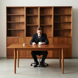 man in desk with coffee and black suit by leyendecker and dean cornwell, 8 feet from the camera, 6 0 ´ s german design furniture