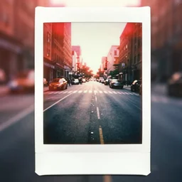 analog vintage photography portrait polaroid of a city street seen from above, flat, lensflare, red color bleed, heavy film grain, bloom, glow