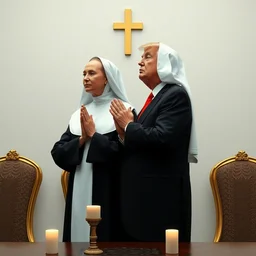 photorealistic 8 k image of putin and trump as nuns praying for god together