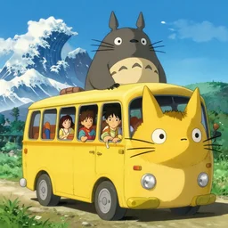 anime scene from totoro, harry potter inside yellow cat bus, in style of hokusai and hayao miyazaki, digital art, cinematic, detailed illustration, 8 k