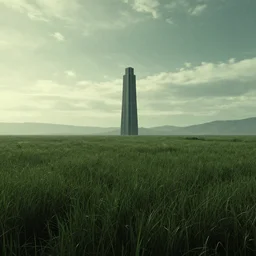 A serene landscape with a singular building in the style of the Matrix movie still frame