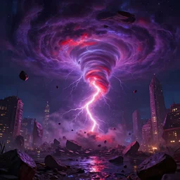 in the mysterious city of atlantis, there are strange purple and red lightning tornadoes. countless broken stones float in the tornado vortex, reversing the future. the atmosphere is excellent, fantasy, rich color matching, star light rippling, dreamlike, grand film close - up, trending on artstation, realistic matte painting