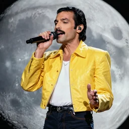 color photography of Freddy mercury singing on the moon, iconic yellow jacket