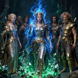 the female arcanist and the male artificer by zacharias aagaard and albert bierstadt and zdzisław beksinski and james gilleard and wayne barlowe and marc simonetti and jean delville, beautiful, robes, highly detailed, hyperrealistic, intricate, energy, electricity, blue flame, low light, green crystal, high contrast