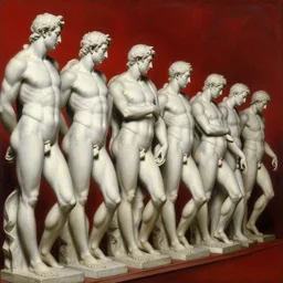a beautiful painting of detailed white stone male statures lined up, oil paint, classic art, 1 6 century style, volume light, in the style of beksinski, parts by edward hopper, parts by rodcenko, parts by yue minjun, diego velazquez, intricate and epic composition, red by caravaggio, insanely quality, highly detailed, masterpiece, red light, artstation, 4 k