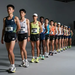 detailed photo of marathon runners in a long row, frontal, studio background, studio lighting, fashion shoot, detailed, diverse crowd, new balance colours