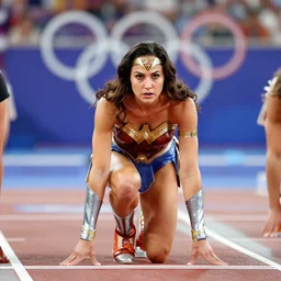 gal gadot as wonder woman, at the 2 0 0 - meter starting line, olympic trials, sports photography in the style of neil leifer