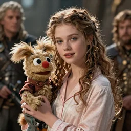 detailed ultrarealistic photography medium shot of fantasy postapocalyptic young queen in pajama and furry muppet puppet, leyendecker, norman rockwell, greg rutkowski, artstation cinematic, vray game of thrones, lord of the rings