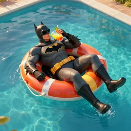 full body realistic octane render of batman, he is lying over a colorful life preserver and relaxing while he is floating over a giant pool, he is drinking an exotic pineaple drink and wearing sunglasses, by jim lee, aerial view, stock photo, golden hour, high detail, unreal engine 5, trending on artstation