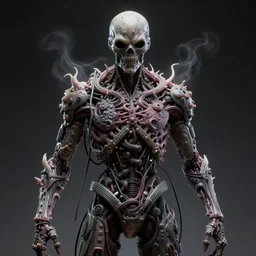 poltergeist fused with a cosmic fleshy cyborg, the thing, few cable wires hanging on the body, ghostly, gnarly, portrait, intricate details, by vincent di fate, artgerm, julie bell, beeple and Greg Rutkowski, 80s, concept, Smooth gradients, octane render, 8k, High contrast, duo tone, depth of field, very coherent symmetrical artwork
