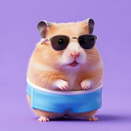 very very cute hamster wearing swimming trunks and sunglasses purple background