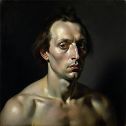 refined gorgeous blended oil painting with black background by christian rex van minnen rachel ruysch dali todd schorr of a chiaroscuro portrait of an extremely bizarre disturbing man with shiny skin chrome surfaces dutch golden age vanitas intense chiaroscuro cast shadows obscuring features dramatic lighting perfect composition masterpiece