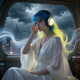 medium portrait, blue and yellow haired elegant model, female, wearing headphones, by greg rutkowski, in a cabin, storm clouds, fantasy city, glowing headphones, surreal light flowing in the air, ethereal, annie liebovitz, sound waves, powerful zen composition, by takehiko inoue and ross tran, elegant cloth c