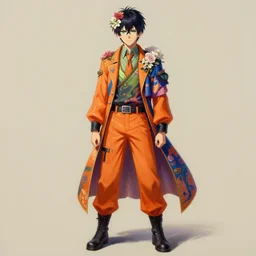 wide angle full body portrait shot of an anime male prisoner, beautiful modern elegantly dressed anime male prisoner wearing ornaments of flowers, orange jumpsuit, colourful elegant clothes, highly detailed face, detailed green heterchromia eyes, alphonse white datura, popular on artstation!!, fkey. 8 k oil painting