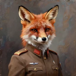 oil painting portrait of anthropomorphic female fox animal dressed in brown modern american general uniform, fox animal, oil painting,
