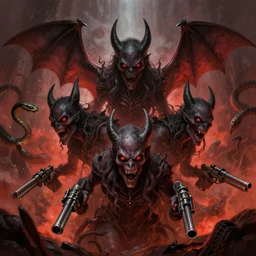 three bat head, demonic parasite, snake, battle in hell, war, resistance, guns, tumblr, digital art, concept art, fantasy, dungeons and dragons, horror, painted, terror, leesha hannigan, wayne haag, reyna rochin, ignacio fernandez rios, mark ryden, iris van herpen, best on artstation, best on cgsociety