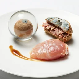 a beautiful plate of food, a raw chicken fillet sits next to a glass sphere containing mouldy pork sandwich. high end dining, culinary photography at its finest. a thin vomit sauce sits ruefully.