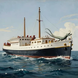 Kraken pulling steam boat into the sea. painted by caravaggio. High quality.