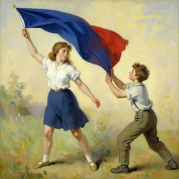a girl holding the flag and a boy trying to take it from her, painted by sylvain sarrailh, rhads, ferdinand knab, trending on artstation