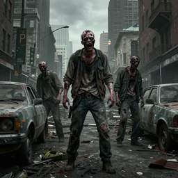 Zombie apocalypse, city, zombies in the streets, abandoned vehicles in the streets, Octane Render, trending on ArtStation