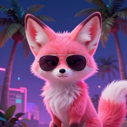 fennec fox,neon pink, palm trees, furry, cute, smug facial expression, disney zootopia, zootopia, concept art, aviator sunglasses, smug expression, synthwave style, artstation, detailed, award winning, dramatic lighting, miami vice, oil on canvas, vibes, GTA criminal